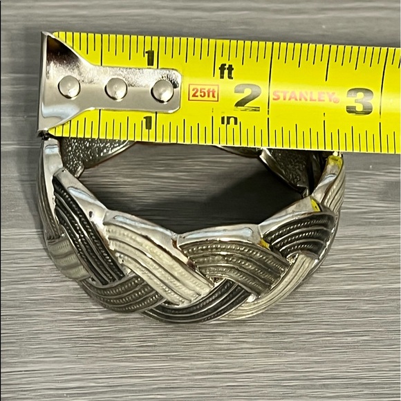 Vintage Hinged Bangle Bracelet w/ White and Gray Braided Woven Design, Boho - Picture 6 of 6